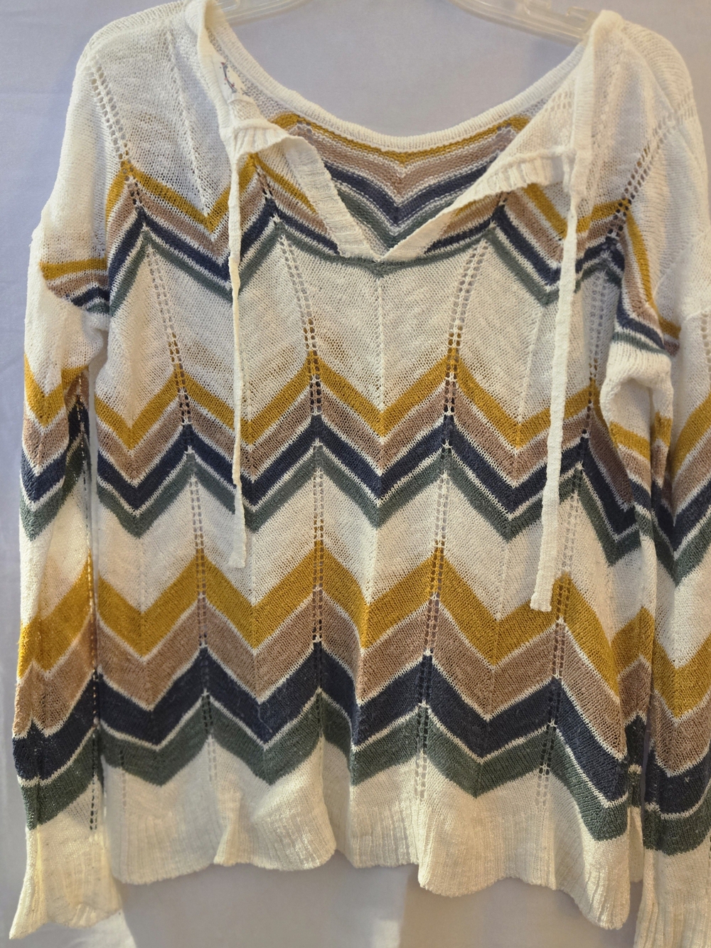 Hippie Rose White V-Neck Chevron Sweater with Mustard, Navy & Tan